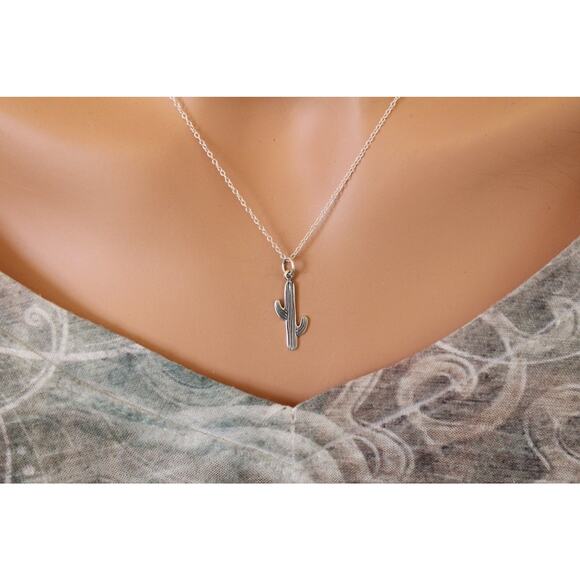 Sterling Silver Cactus Charm Necklace, Silver Cactus Necklace - Picture 2 of 3